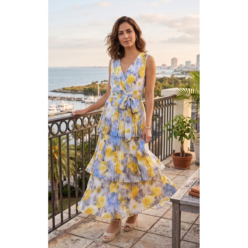 Velvet Fleur Yellow Blue Watercolor Floral Pleated Maxi Dress Size 6 New w Tags
